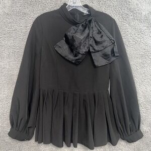 WHY DRESS Black Statement Sz L‎ Sculpture Bow Pleated Bubble Blouse 3/4 Back Zip